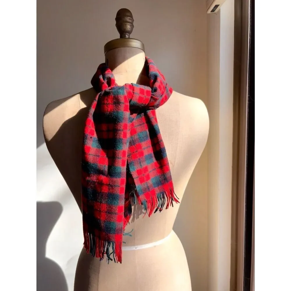 Vintage Pendleton Plaid Virgin Wool Scarf Red Black Green Fringe Made in USA